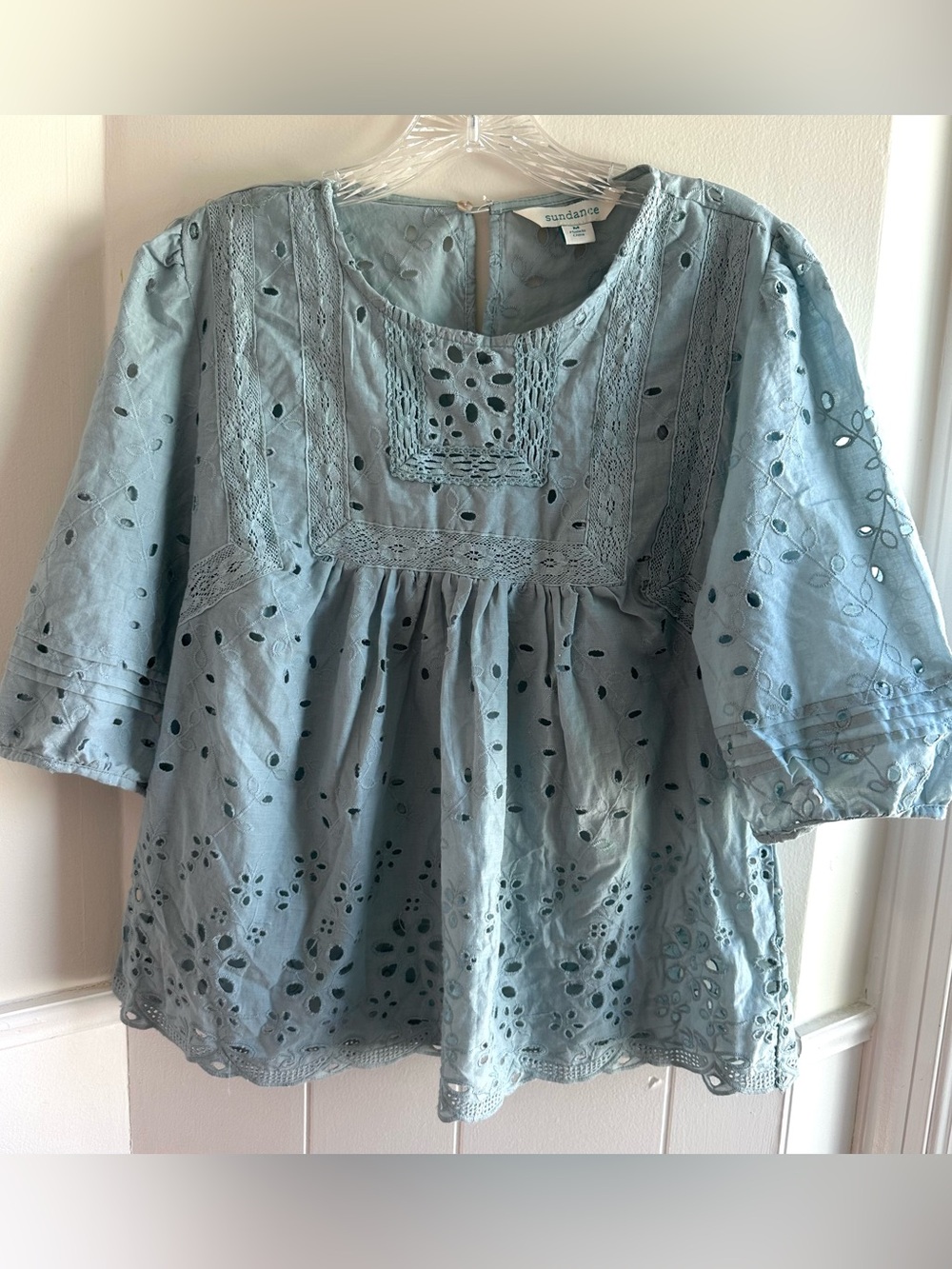 Sundance Evie Eyelet Top Cottage Dusty Blue Boho Cotton Top Short Sleeve Size M